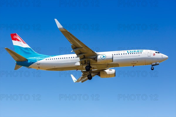 A Boeing 737-800 aircraft of Luxair with registration LX-LBB at Luxembourg airport