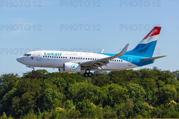 A Boeing 737-700 aircraft of Luxair with registration LX-LGQ at Luxembourg airport