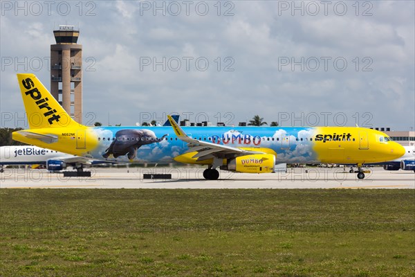 An Airbus A321 aircraft of Spirit Airlines with the registration N662NK and the special livery Dumbo at Fort Lauderdale Airport