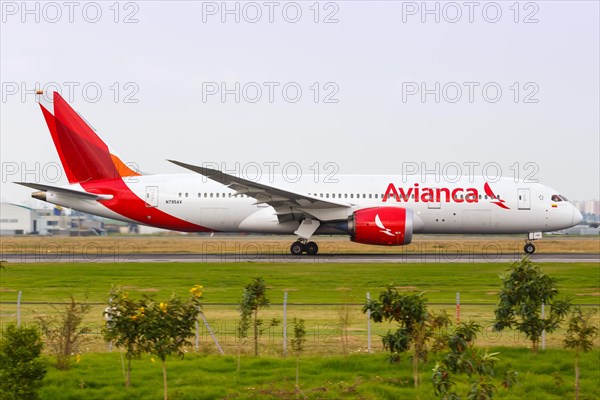 An Avianca Boeing 787-8 Dreamliner aircraft with registration N795AV takes off from Bogota airport