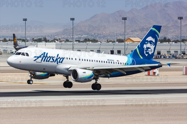 An Alaska Airlines Airbus A319 aircraft with registration number N530VA lands at Las Vegas airport