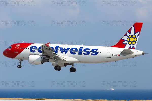 An Airbus A320 aircraft of Edelweiss with registration HB-JJK lands at Heraklion Airport
