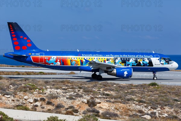 An Airbus A320 aircraft of Brussels Airlines with the registration number OO-SND with the special livery The Smurfs at Heraklion Airport