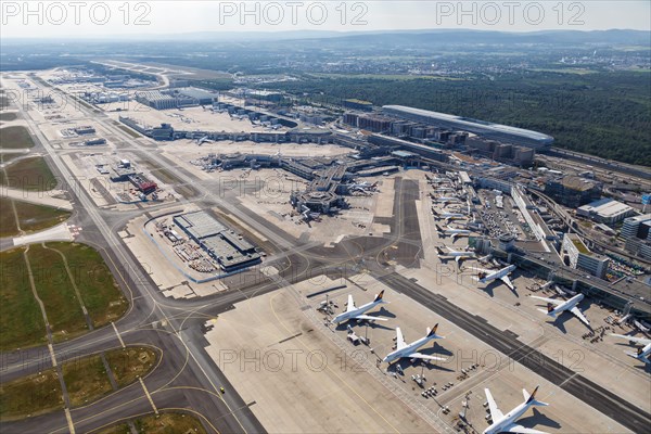 Aerial view Terminal 1 and Lufthansa aircraft at Frankfurt FRA Airport during the Corona Virus COVID-19 in Frankfurt