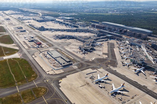 Overview aerial view Terminal 1 aircraft at Frankfurt FRA Airport during Corona Virus COVID-19 in Frankfurt