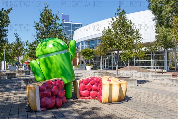 Google Android figure in front of the Headquarters HQ in Mountain View