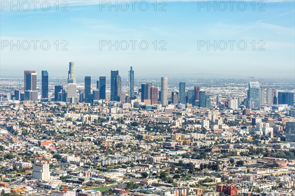 Downtown skyline city building aerial view in Los Angeles