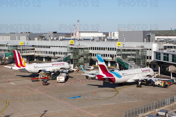 Airbus A320 and A319 aircraft of Eurowings and Germanwings at Duesseldorf Airport