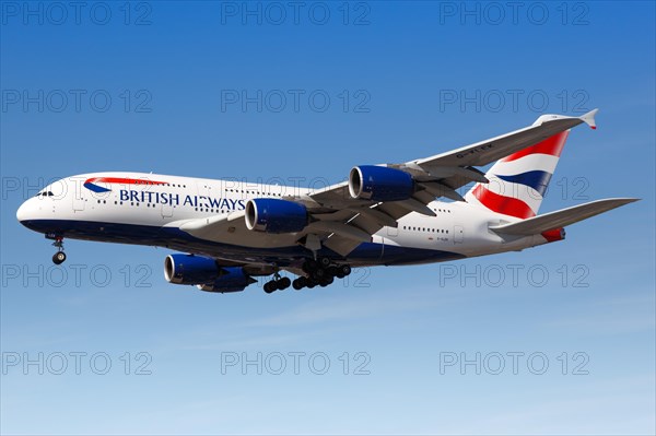 A British Airways Airbus A380-800 with registration G-XLEK lands at London Heathrow Airport