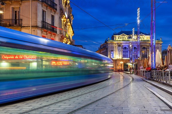 Alstom Citadis tram Tramway de Montpellier public transport at the Comedie stop in Montpellier