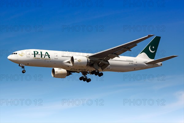 A Boeing 777-200ER aircraft of PIA Pakistan International with registration AP-BGJ lands at London Airport