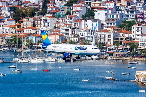 An Airbus A320 aircraft of Condor with registration D-AICF at Skiathos airport