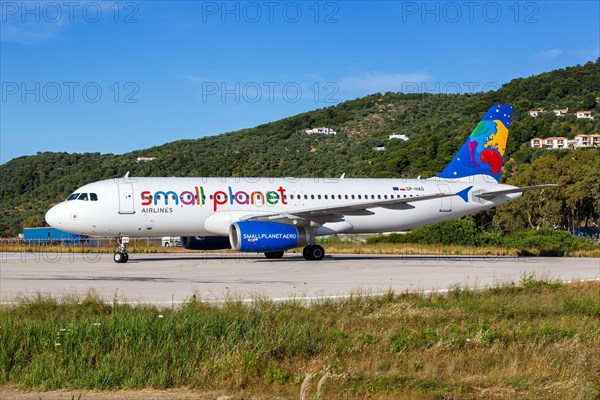 An Airbus A320 aircraft of Small Planet Airlines with registration number SP-HAG at Skiathos airport