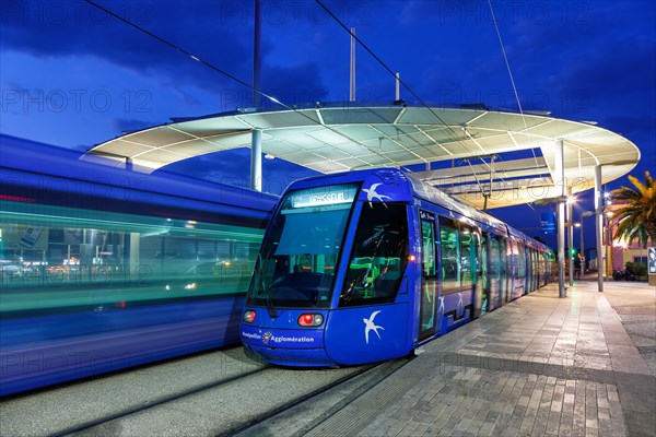 Alstom Citadis tram Tramway de Montpellier public transport at the stop Place de France in Montpellier