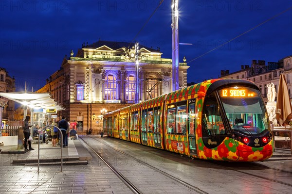 Alstom Citadis tram Tramway de Montpellier public transport at the Comedie stop in Montpellier