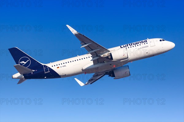A Lufthansa Airbus A320neo with the registration D-AINL takes off from Frankfurt Airport