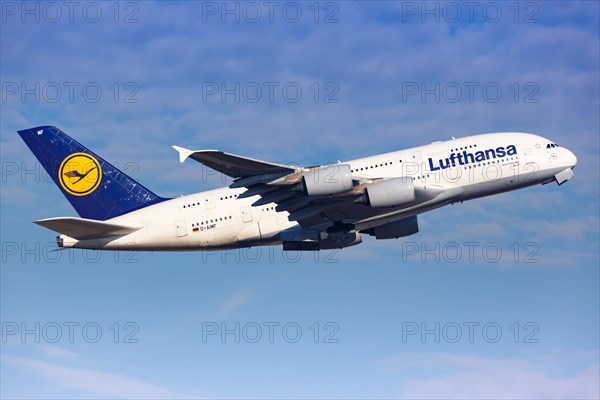 A Lufthansa Airbus A380-800 with the registration D-AIMF takes off from Frankfurt Airport