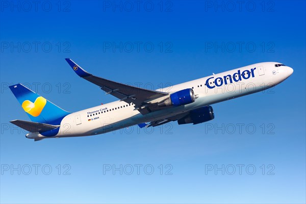 A Boeing 767-300ER aircraft of Condor with registration D-ABUK takes off from Frankfurt Airport
