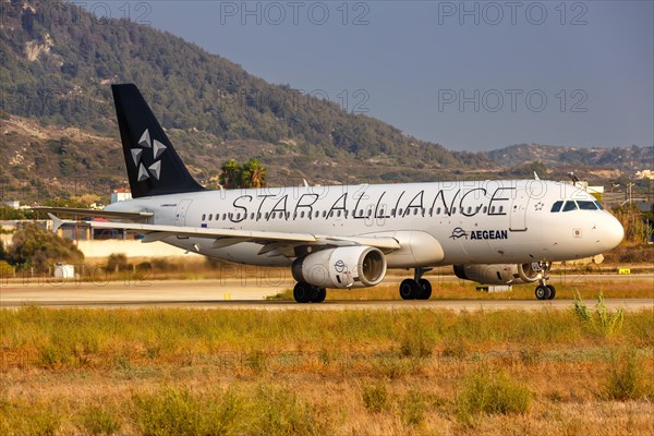 An Airbus A320 aircraft of Aegean Airlines with registration SX-DVQ and European Starling Alliance special livery at Rhodes Airport