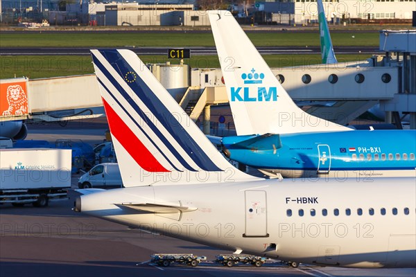 Aircraft of KLM Royal Dutch Airlines and Air France at Amsterdam Schiphol Airport