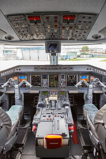 Cockpit of a German Airways Embraer 190 with registration D-AJHW at Cologne Airport