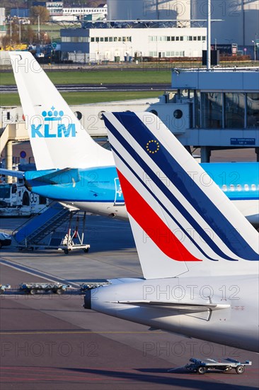 Aircraft of KLM Royal Dutch Airlines and Air France at Amsterdam Schiphol Airport