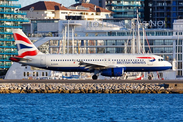 A British Airways Airbus A320 with the registration number G-EUUH at Gibraltar Airport