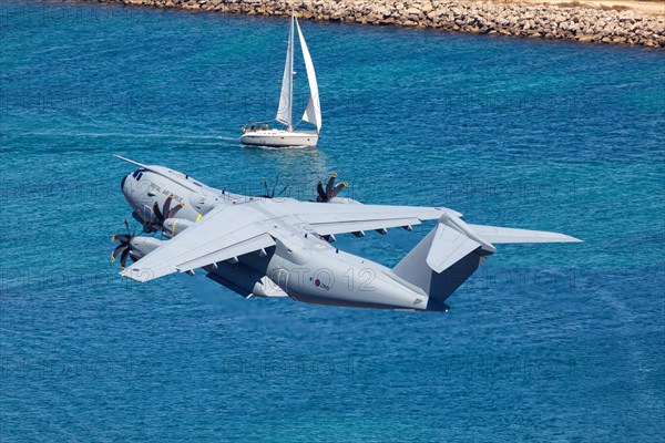 A Royal Air Force Airbus A400M with registration number ZM411 takes off from Gibraltar Airport