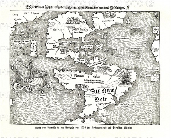 Historical map of America in the 1550 edition of the Cosmography of Sebastian Muenster