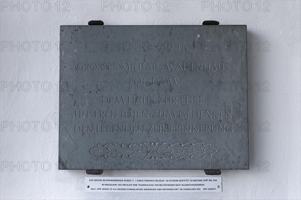 Commemorative plaque in the former large military orphanage Potsdam from 1724-1945