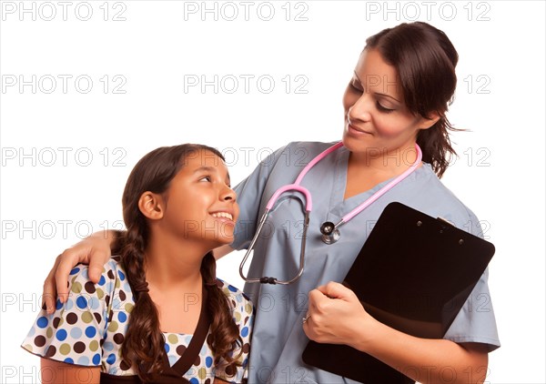 Pretty hispanic girl and female doctor isolated on a white background