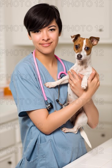 Smiling attractive mixed-race veterinarian doctor or nurse with puppy in an office or laboratory setting