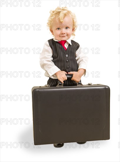 Cute boy in vest suit and tie with briefcase on white