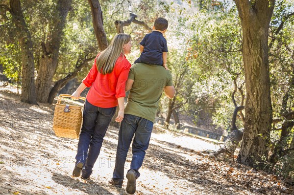 Happy mixed-race family with picnic basket enjoy a walk in the park