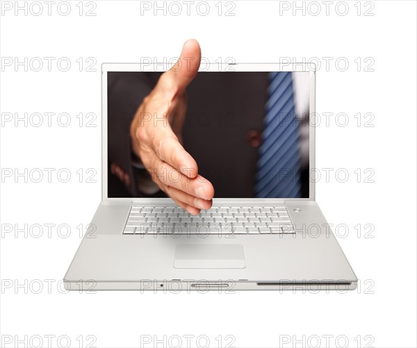 Man reaching for a handshake through laptop screen isolated on a white background