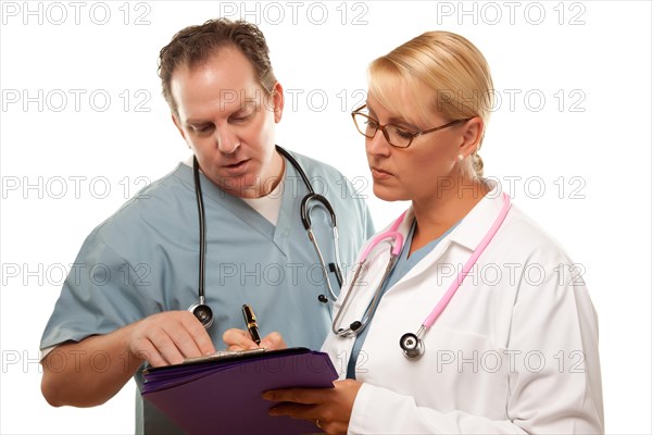 Male and female doctors looking over files isolated on a white background