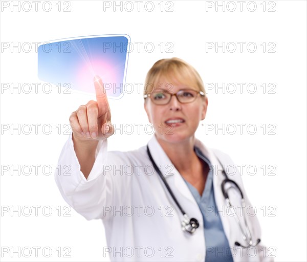 Attractive female doctor touching button on touch screen