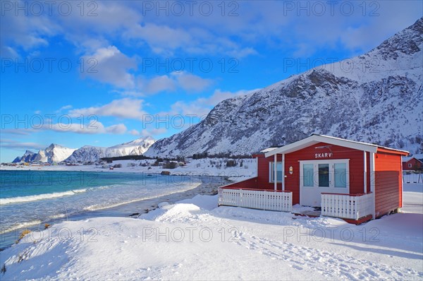 Red cottage in winter