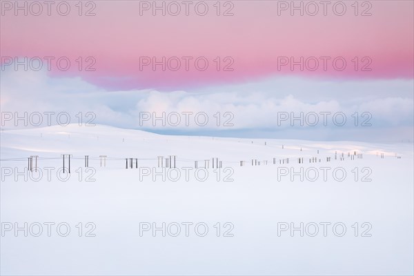 Power poles in winter landscape