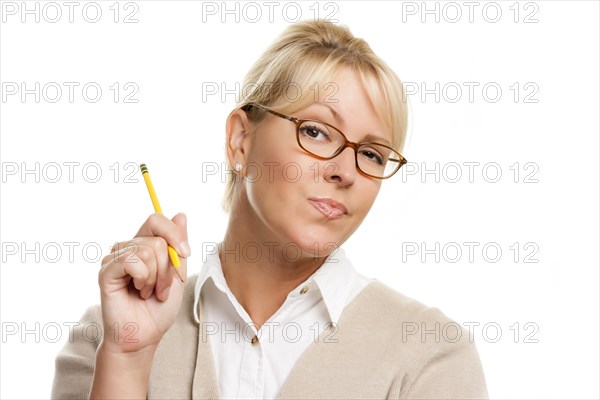 Beautiful woman with questioning expression holding pencil isolated on A white background