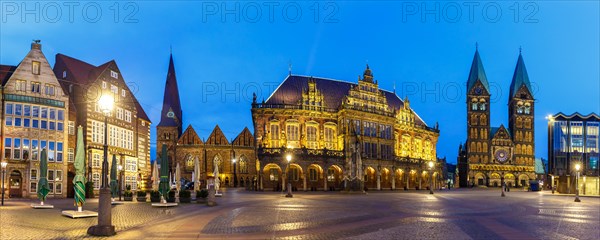 Marketplace Bremen City Hall Cathedral Church Roland Panorama by night in Bremen