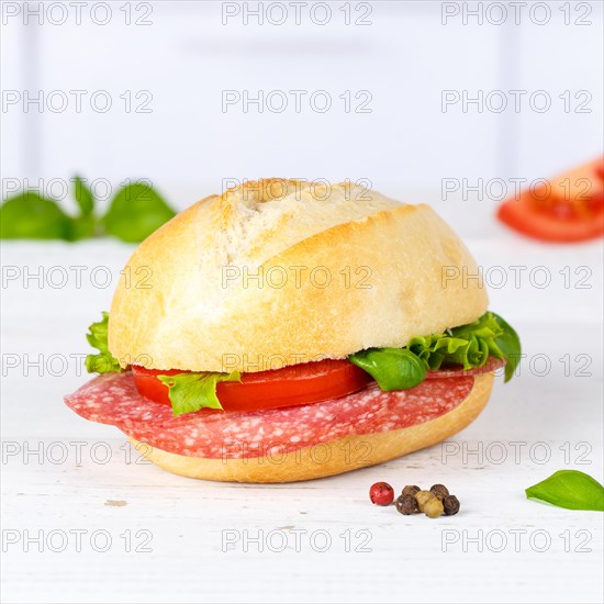 Roll sandwich baguette topped with salami ham square on wooden board wood in Germany