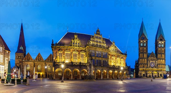 Marketplace Bremen City Hall Cathedral Church Roland Panorama by night in Bremen