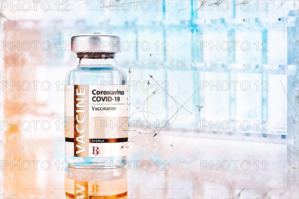 Artistic rendering sketch of coronavirus COVID-19 vaccine vial and test tubes on reflective surface