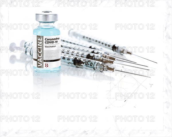 Artistic rendering sketch of coronavirus COVID-19 vaccine vial and several syringes on reflective surface