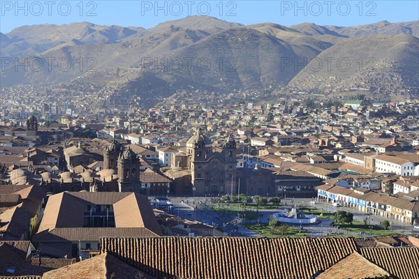 View over the roofs of the old town with Plaza de Armas and cathedral