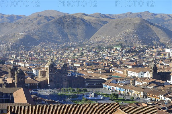 View over the roofs of the old town with Plaza de Armas and cathedral