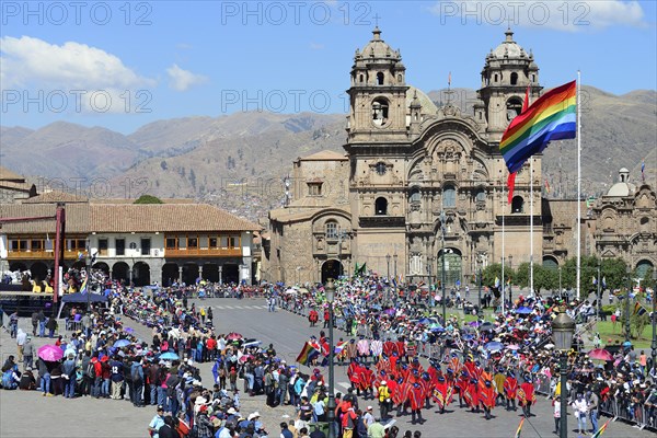 Plaza de Armas with Cathedral Catedral Basilica de la Virgen de la Asuncion during a parade