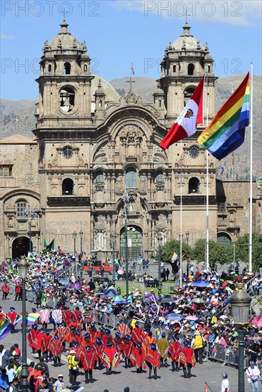 Plaza de Armas with Cathedral Catedral Basilica de la Virgen de la Asuncion during a parade