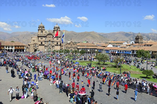 Plaza de Armas with Cathedral Catedral Basilica de la Virgen de la Asuncion during a parade